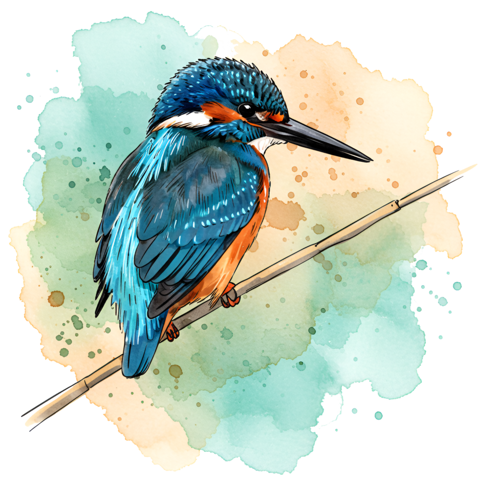 Watercolor kingfisher perched on a branch with a colorful artistic splash in the background art piece on transparent background png