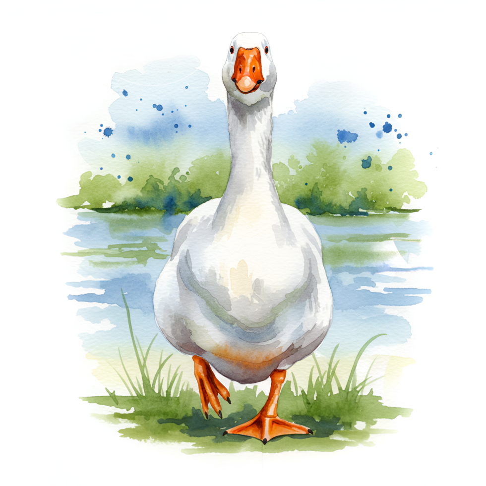 Watercolor painting of a goose standing near a lake with trees in the distance on a sunny day on transparent background png