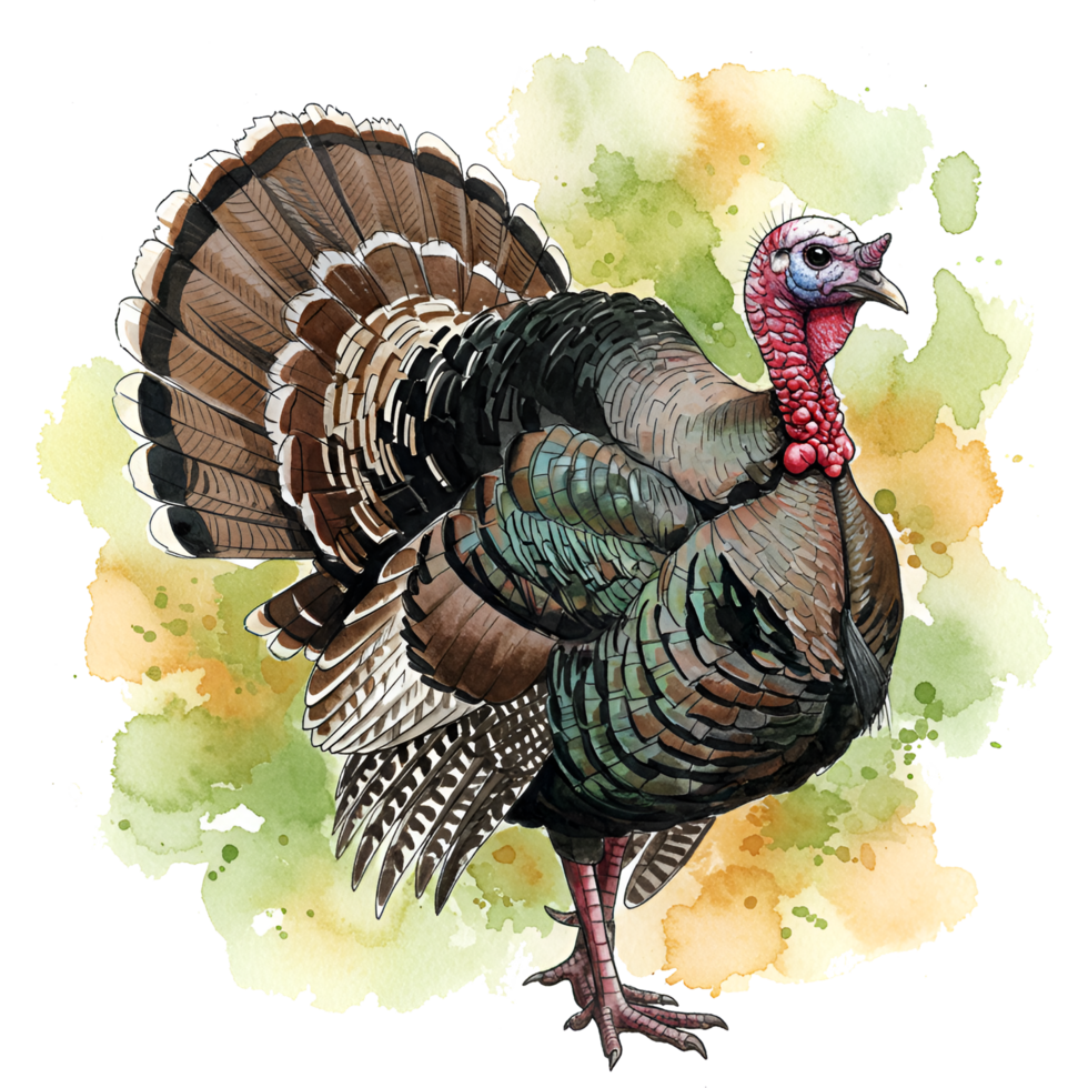 Watercolor style rendering of a turkey with detailed feathers and colorful background splashes of paint on transparent background png