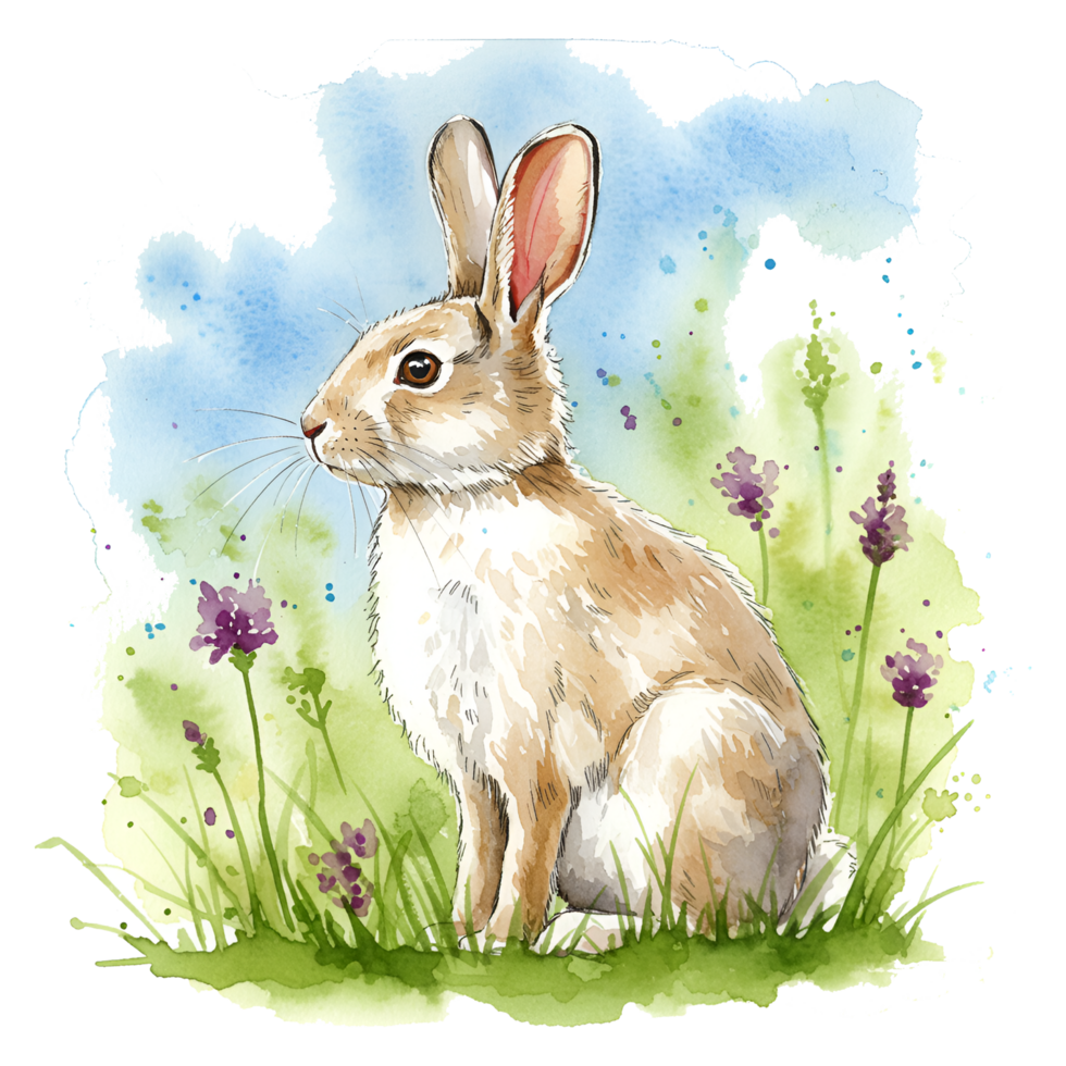 Watercolor painting of a rabbit sitting in a field with flowers and a blue sky in the distance on transparent background png