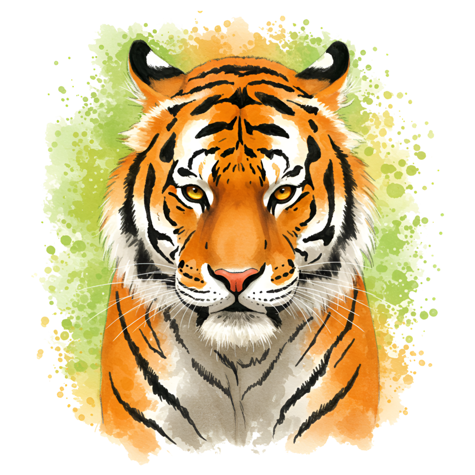 Watercolor style tiger portrait with orange and stripes on a light green and white textured backdrop on transparent background png
