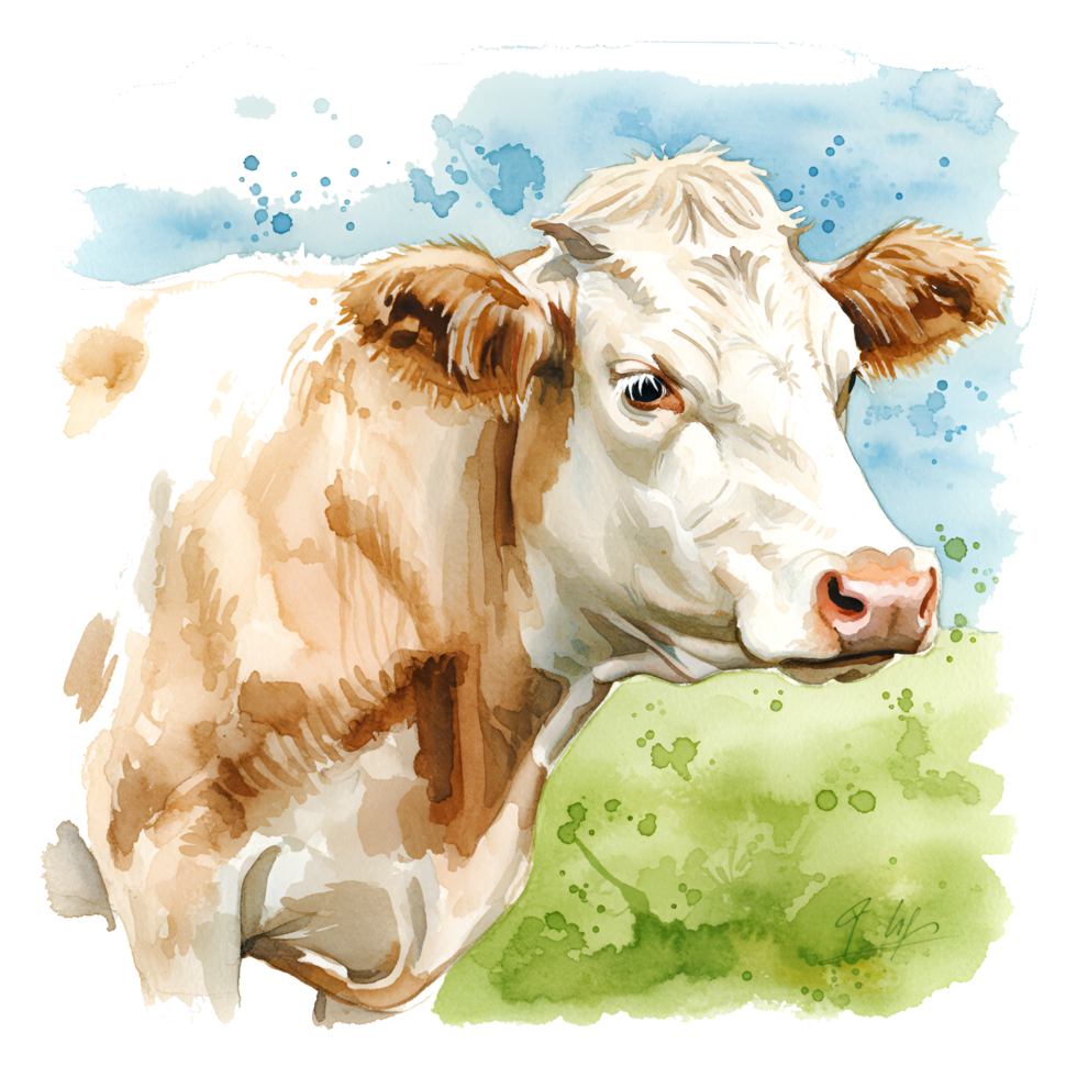 Watercolor painting of a cow with white and brown fur standing in a field on a sunny day art on transparent background png