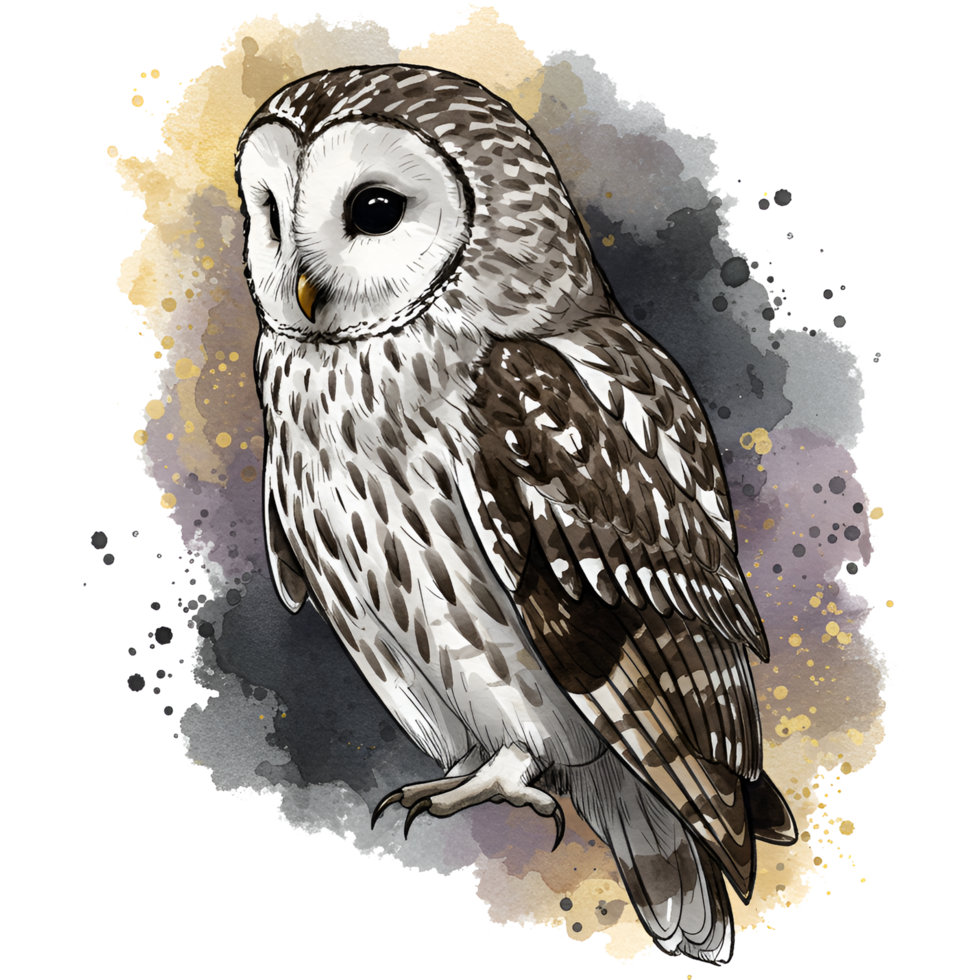 Watercolor style image of a perched owl with detailed feathers and a neutral color wash effect on transparent background png