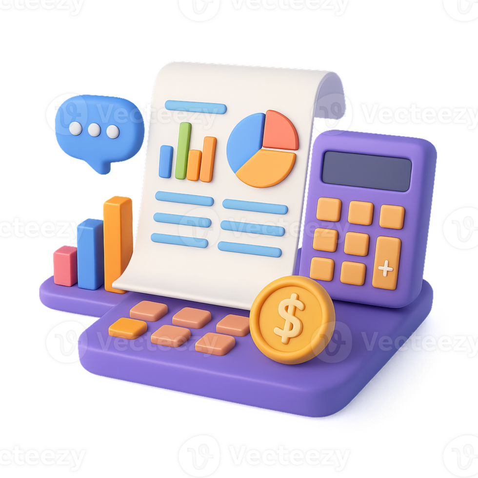 3D Financial Calculation Concept with Calculator and Charts png