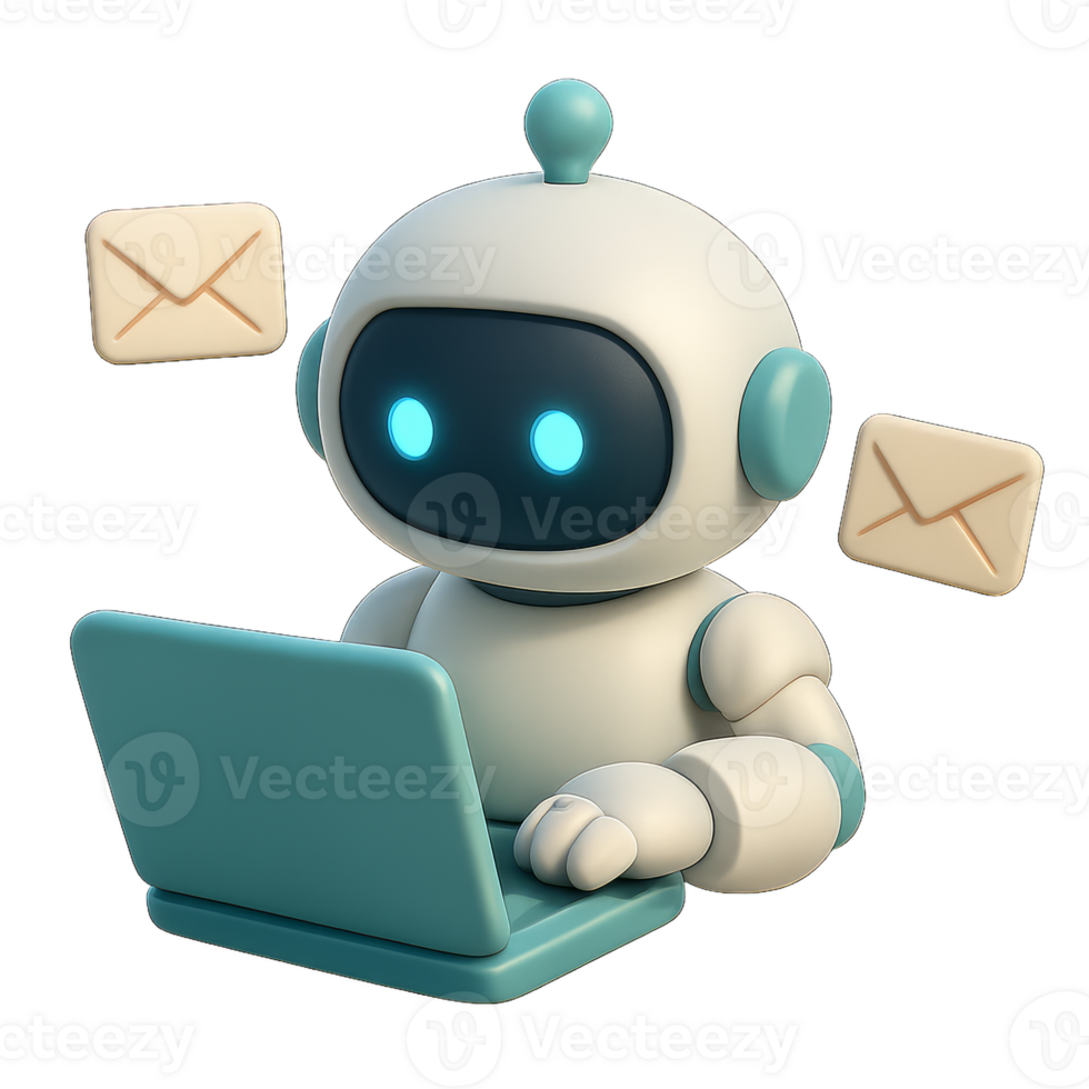 3D Robot Composing Emails with Laptop and Messages Animation png