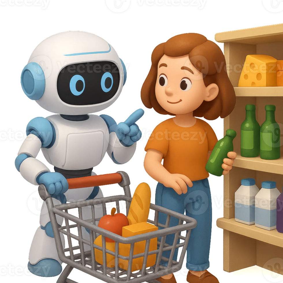 Friendly Robot Assisting Shopper in Grocery Store Adventure png