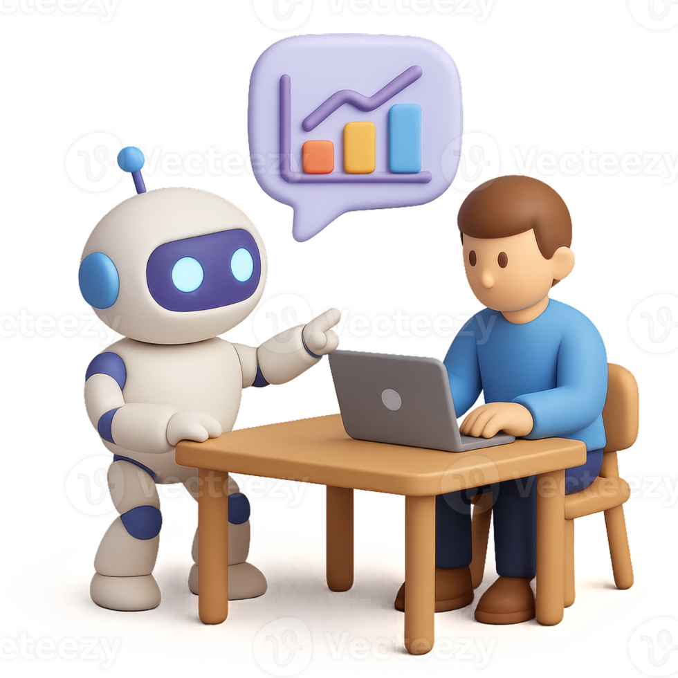 Smart Robot Assisting Man with Data Analysis on Laptop in 3D Design png