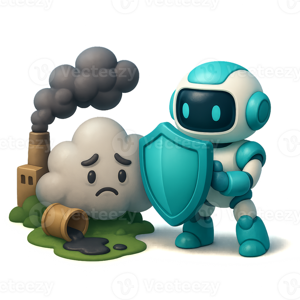 AI Character Guards Against Pollution with Shield and Sad Cloud png