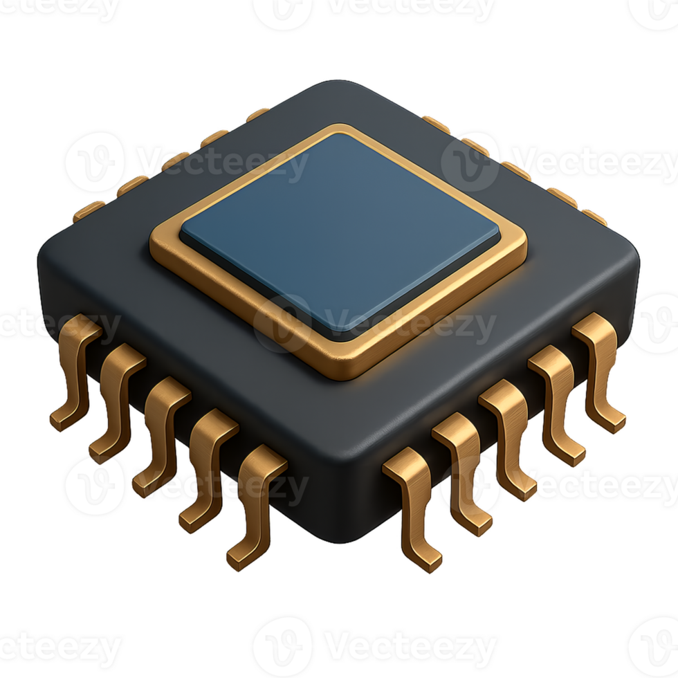 Realistic 3D Render of a Computer Chip with Golden Pins png