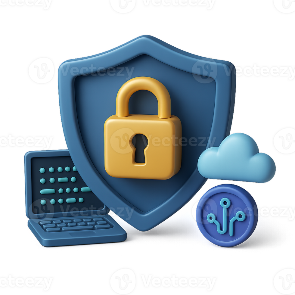 3D Cyber Security Visual with Lock and Technology Icons png