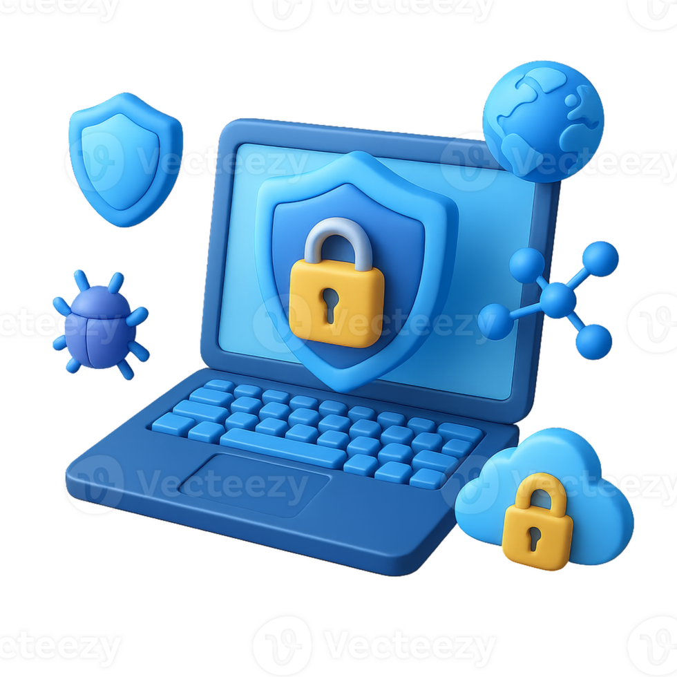 3D Cyber Security Visual with Shield and Lock on Laptop Design png