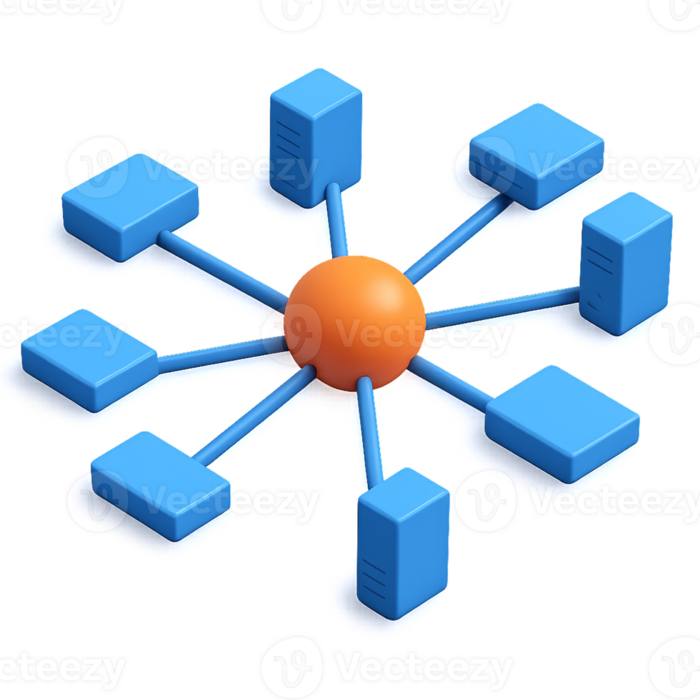 Simple 3D Network Diagram with Central Node and Connecting Blocks png