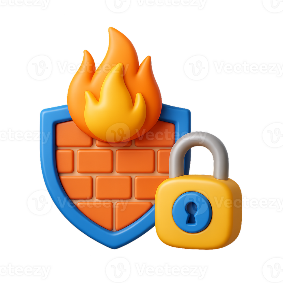 Secure 3D Shield Icon with Lock and Flame for Data Protection Concept png