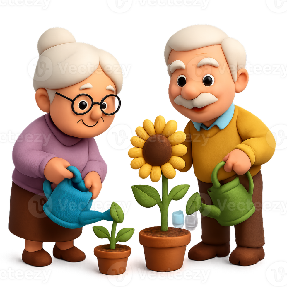 Elderly Couple Nurturing Plants in a Vibrant Garden Setting png