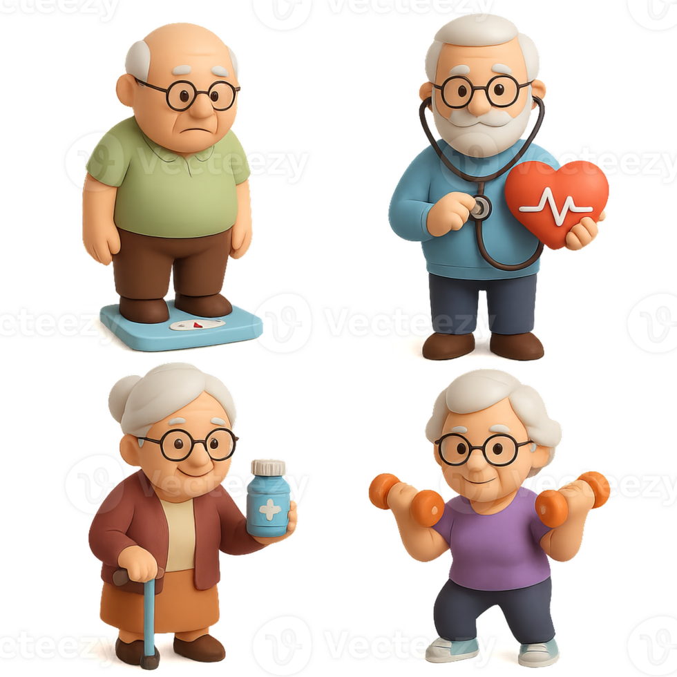 Senior Health Characters Depicting Care and Wellness in Simple Style png