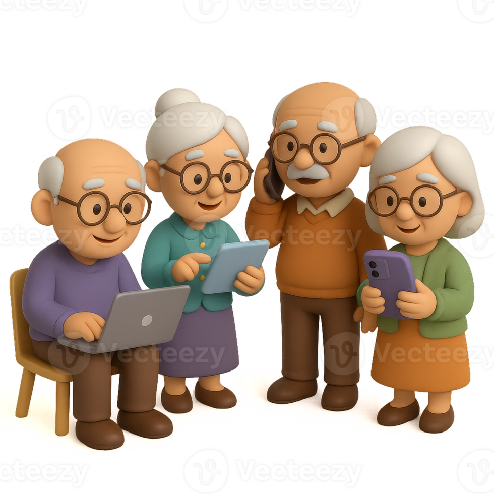 Elderly Embracing Technology with Happy Expressions and Devices png