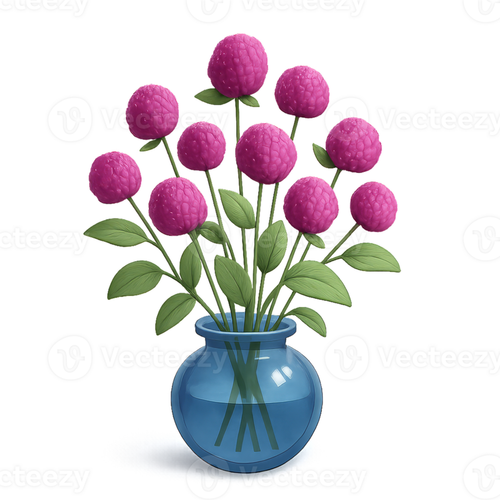 Simple 3D Gomphrena Flowers in Blue Vase for Elegant Decor png