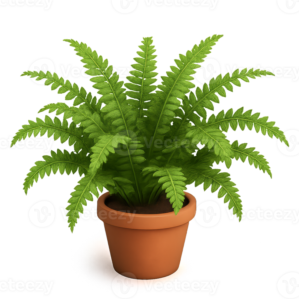 Lush Green Boston Fern in a Simple Clay Pot on a White Background png