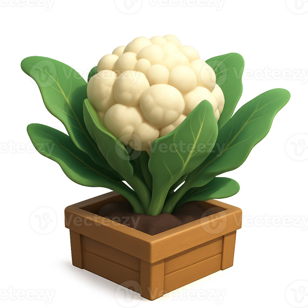 3D Cauliflower Planter with Lush Green Leaves Simple Design png