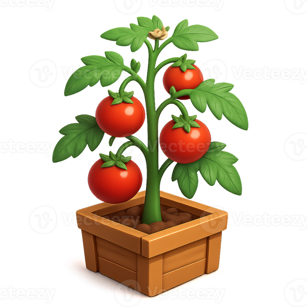 3D Render of a Simple Tomato Plant in a Wooden Pot png