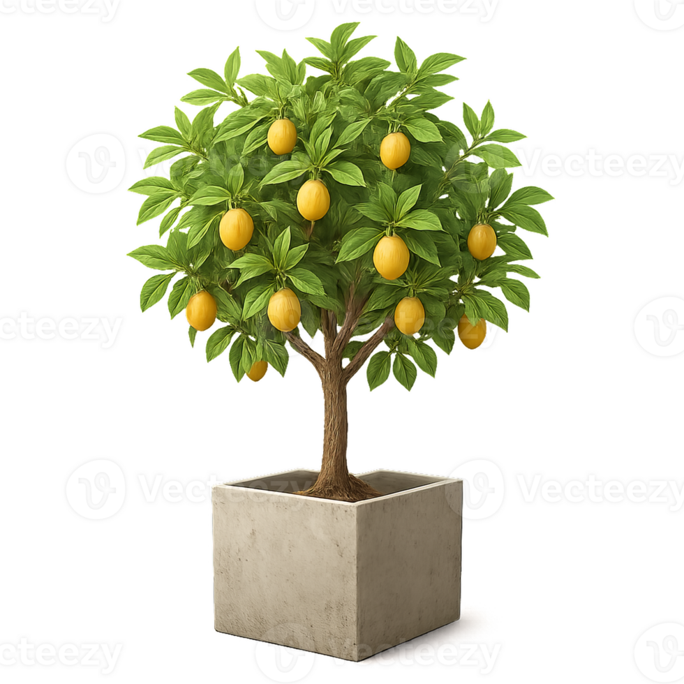 Lemon Tree Growing in a Simple Pot with Vibrant Yellow Fruit png