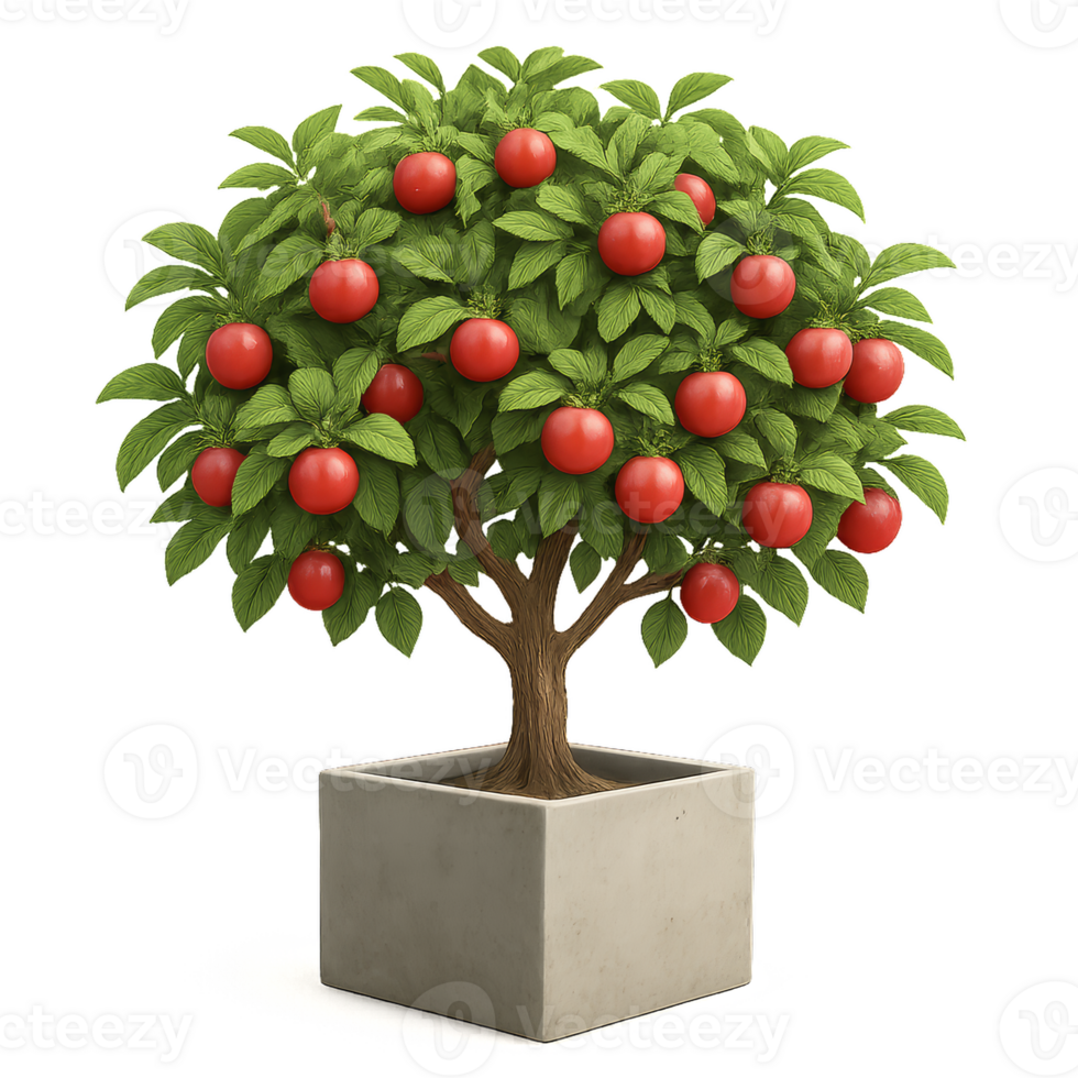 3D Simple Tree with Red Fruits in a Square Pot png
