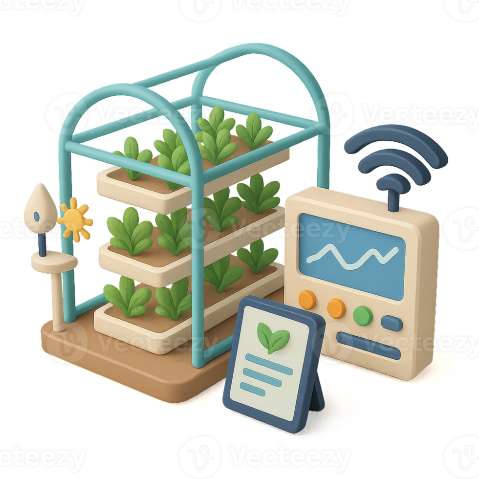 Simple 3D Hydroponics Farm Model with Monitoring Device and Plants png