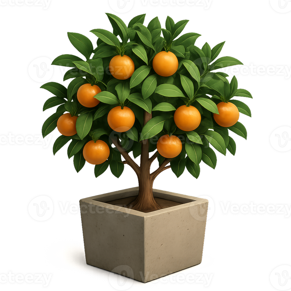 3D Orange Tree in Simple Display with Vibrant Fruits and Greens png
