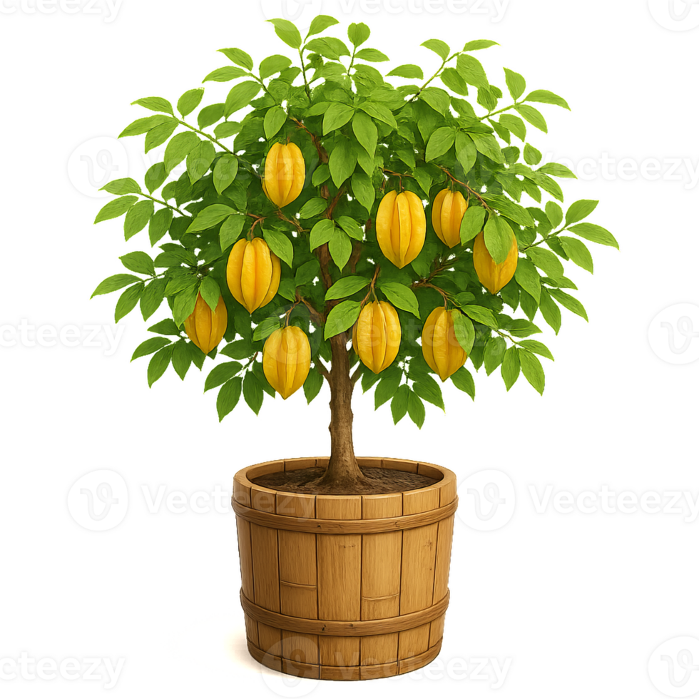 Lush Star Fruit Bonsai Tree in Wooden Planter Displaying Fresh Fruit png