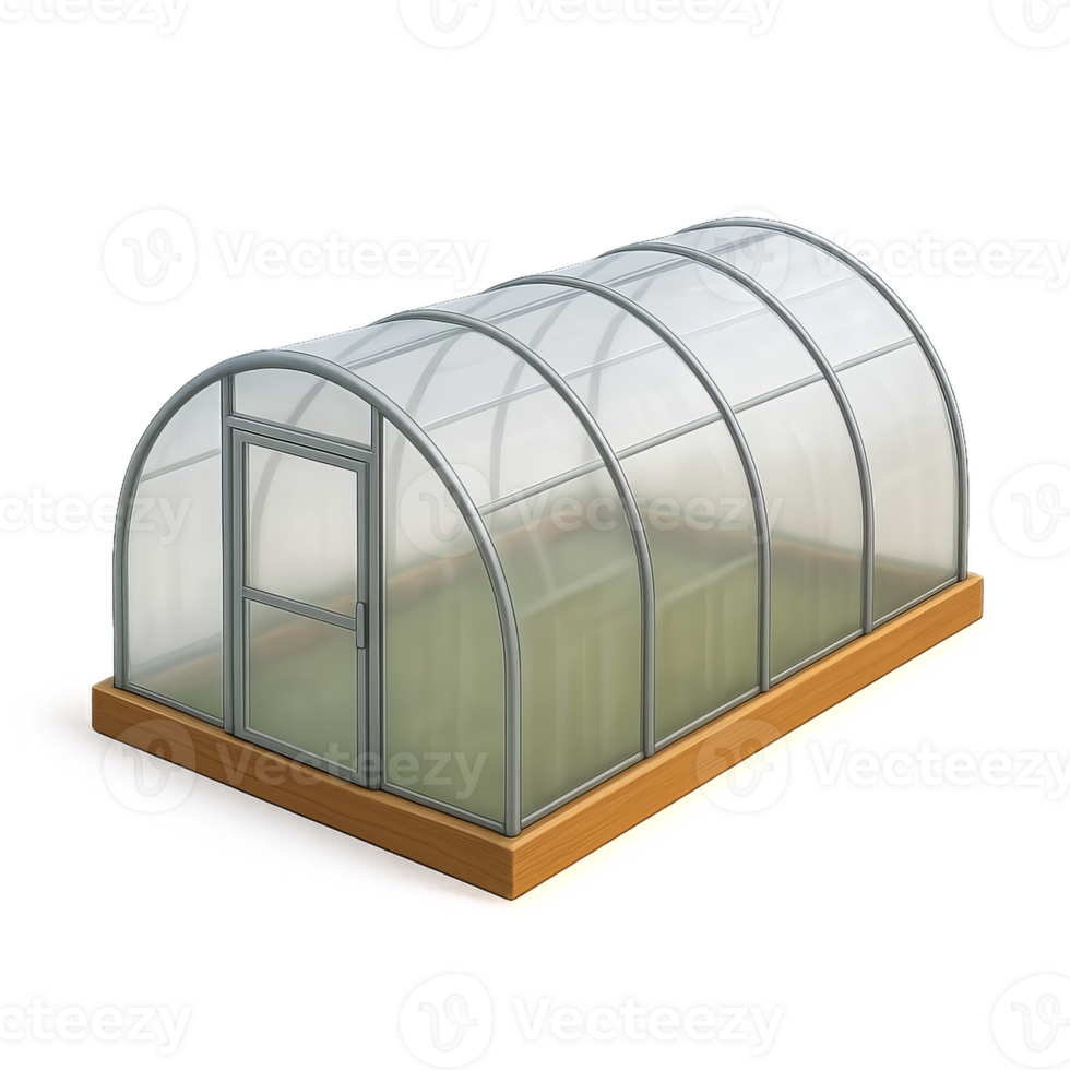 Simple Greenhouse Design with Clear Panels and Wooden Base png