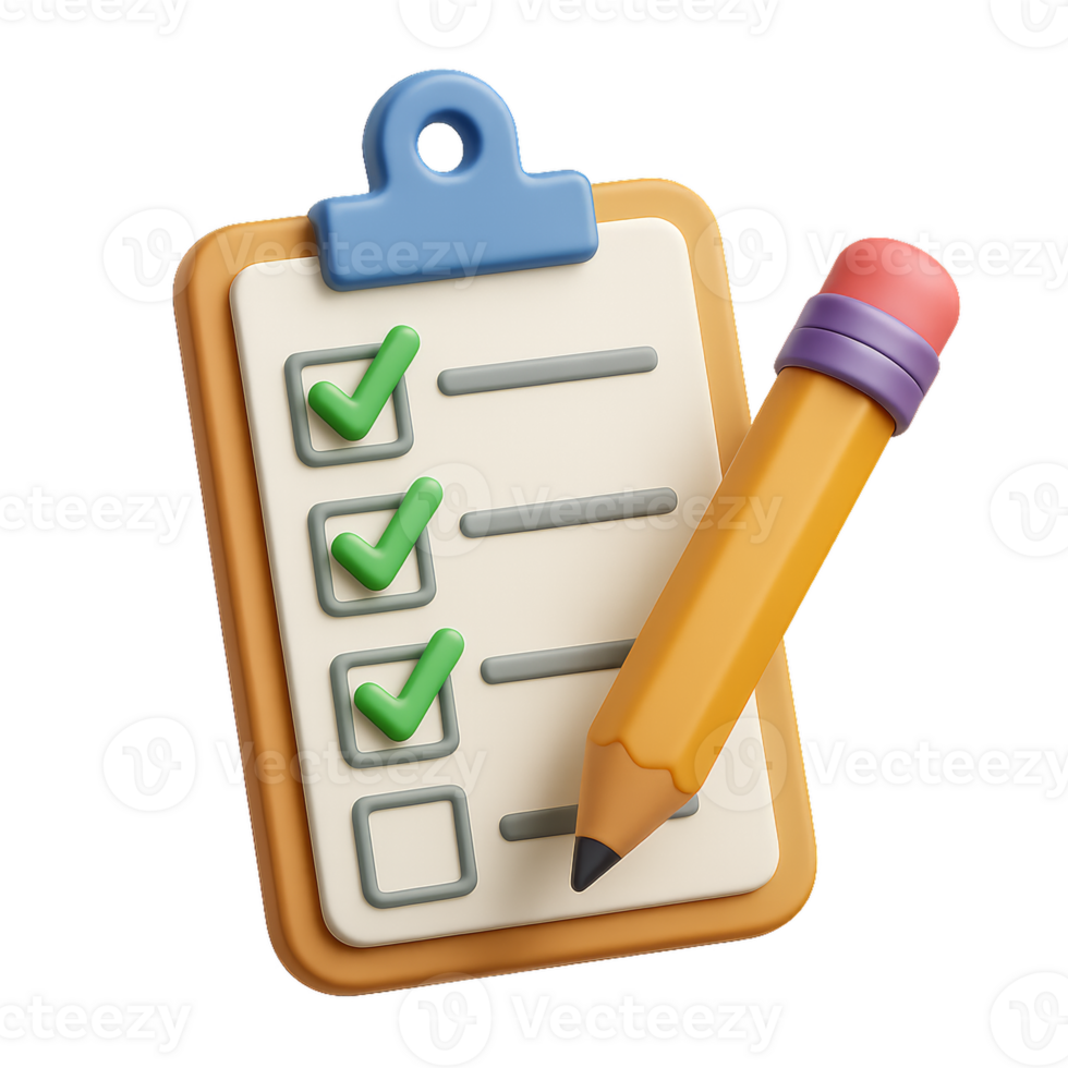 3D Illustration of Checklist with Pencil and Completed Tasks png