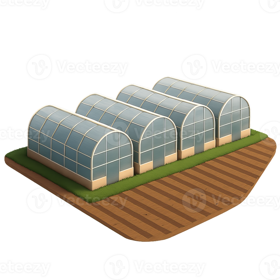 Simple 3D Greenhouses in a Row on a Wooden Base png