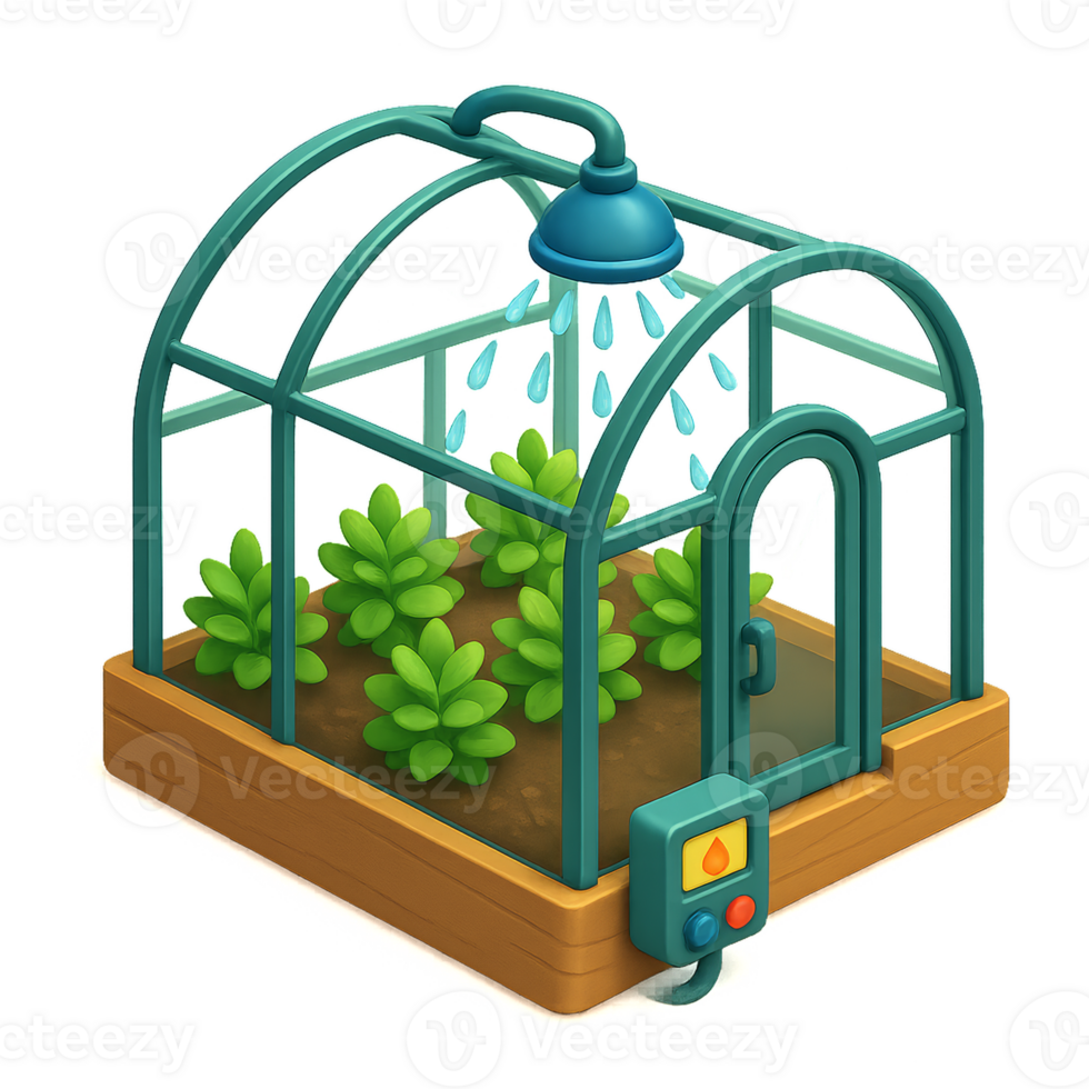 Simple Automated Greenhouse Design with Watering System and Plants png