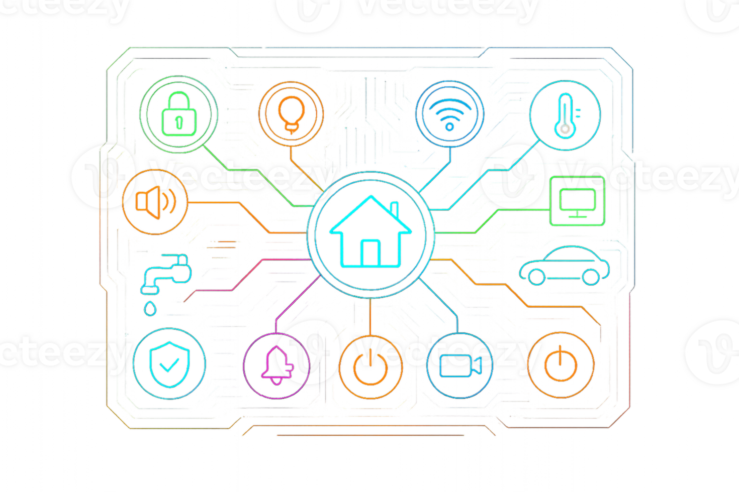 Colorful Smart Home HUD Display with Various Icons and Connections png