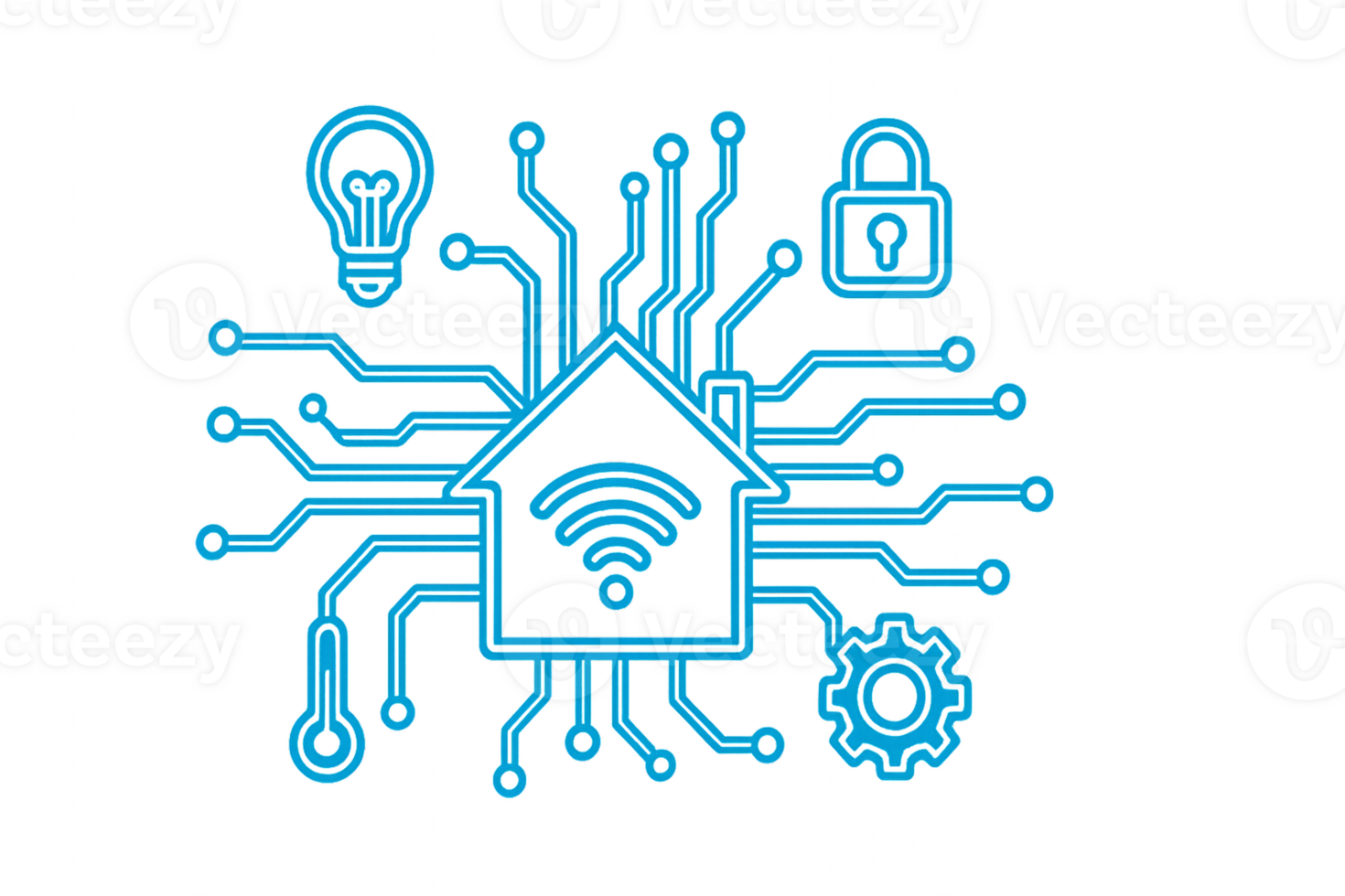 Smart Home Technology Line Art with Connectivity and Security Features png