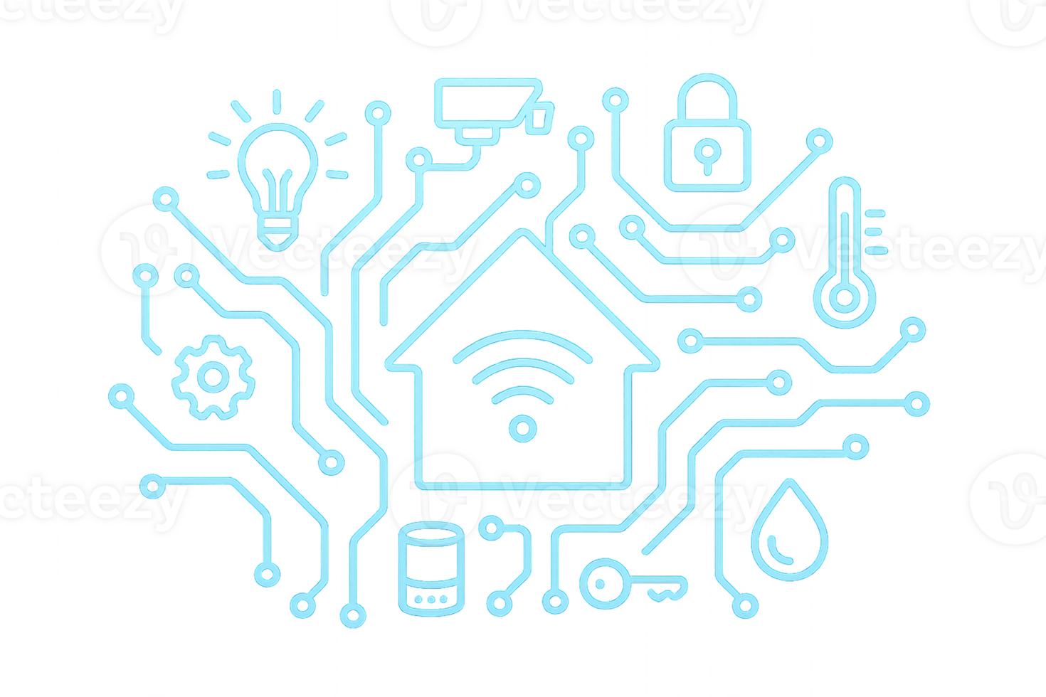 Smart Home Icons on Blue Background in Minimalist Design png