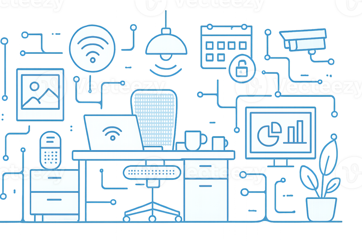 Modern Tech Office Design with Blueprints and Icon Illustrations png