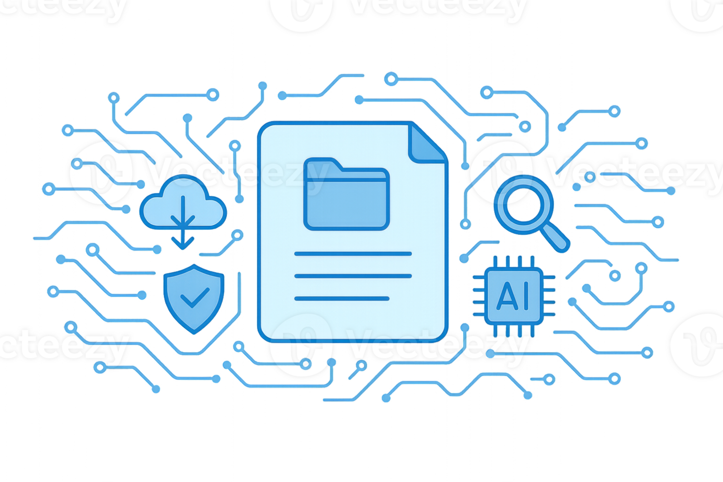 Simple Tech Icons on Blue Background with Circuit Design Elements png