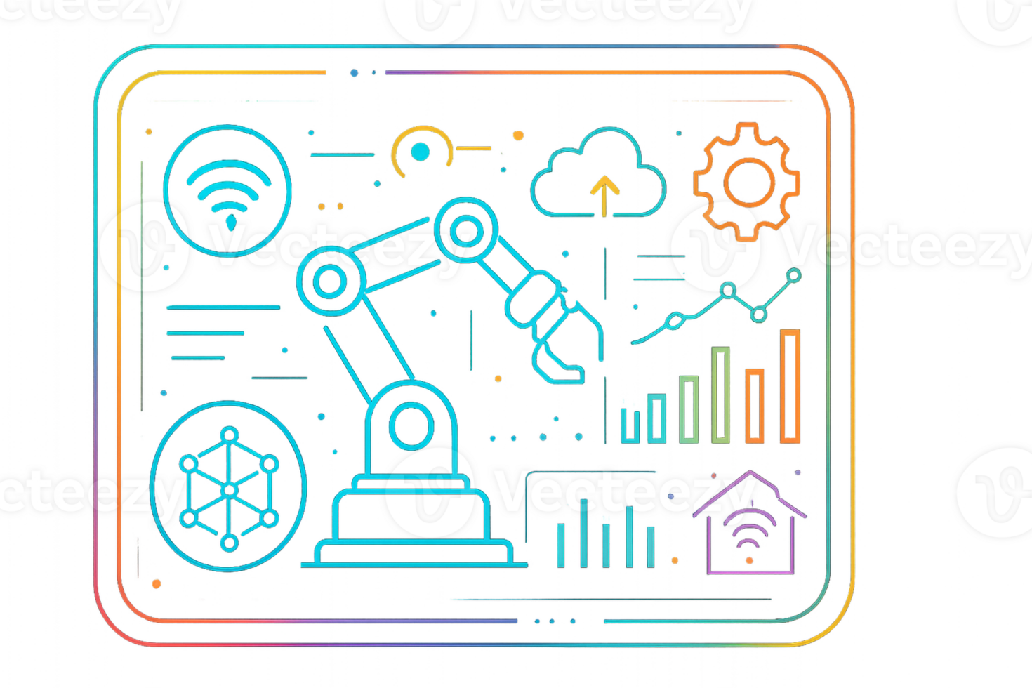 Futuristic Control Interface with Robotic Arm and Data Visualization png