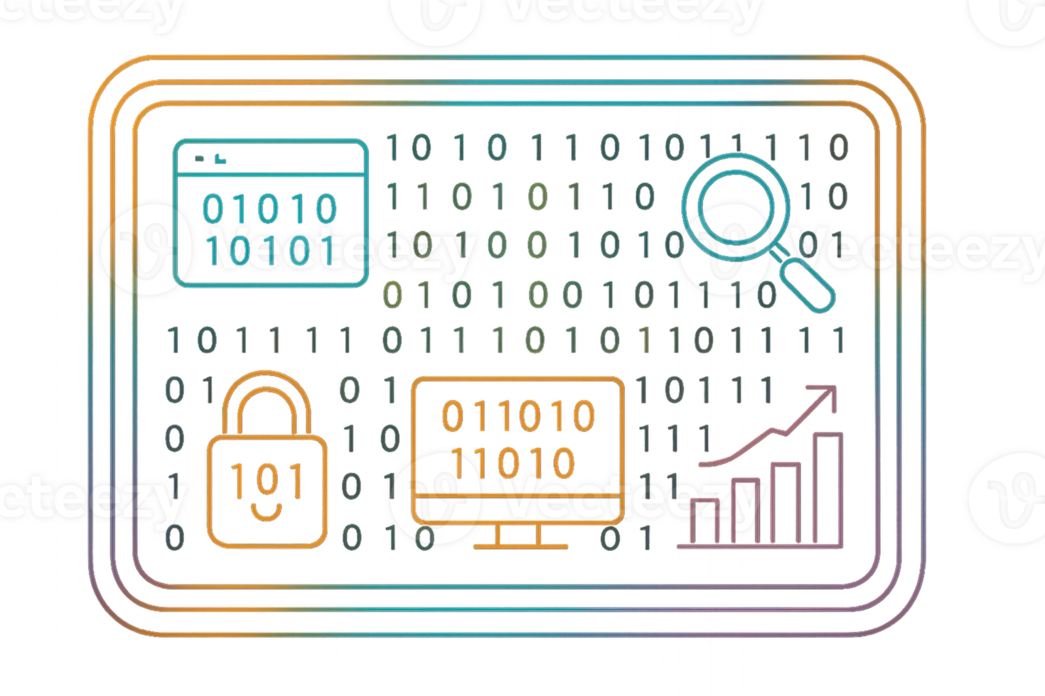 Digital Binary Interface with Icons and Data Analysis Elements png