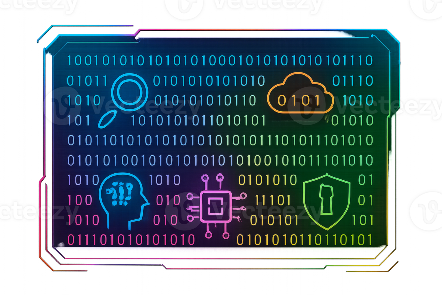 Digital Binary Interface with Icons and Colorful Background Design png