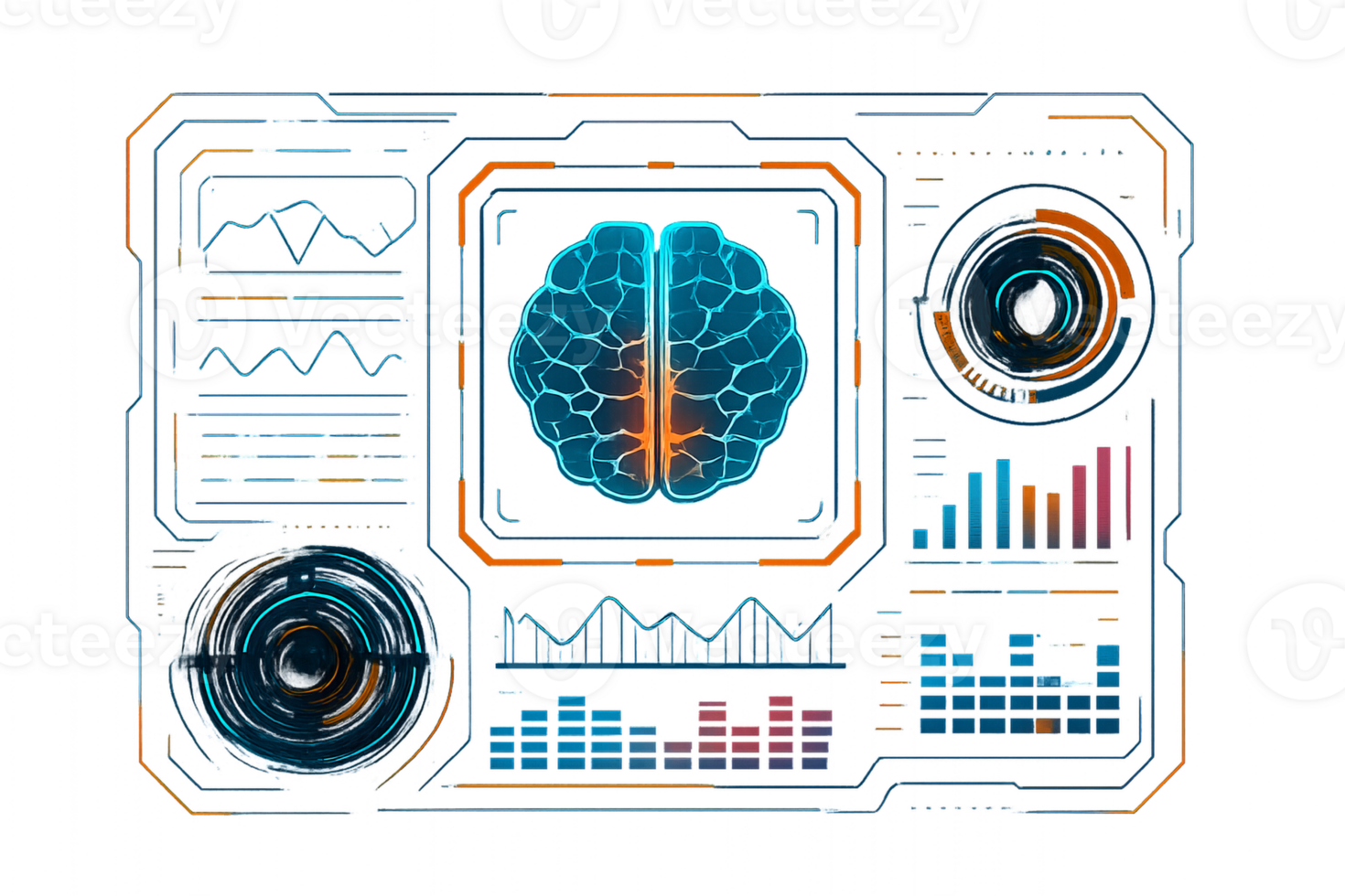 Futuristic HUD Display with Brain Visualization and Data Metrics png