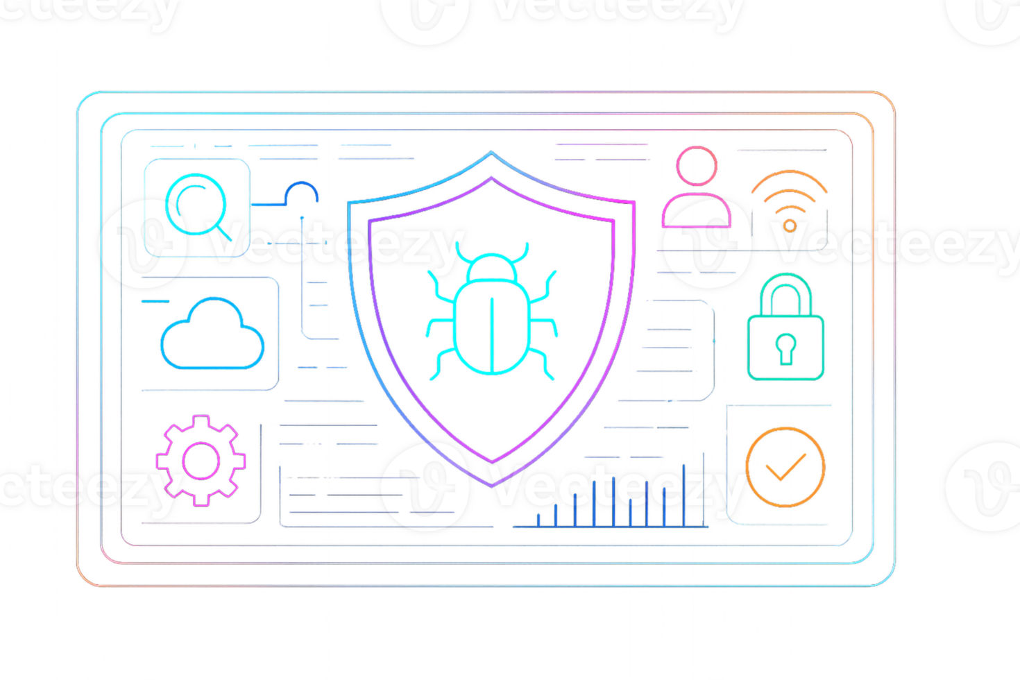 Colorful Tech HUD with Security Icons and Bug Protection Elements png
