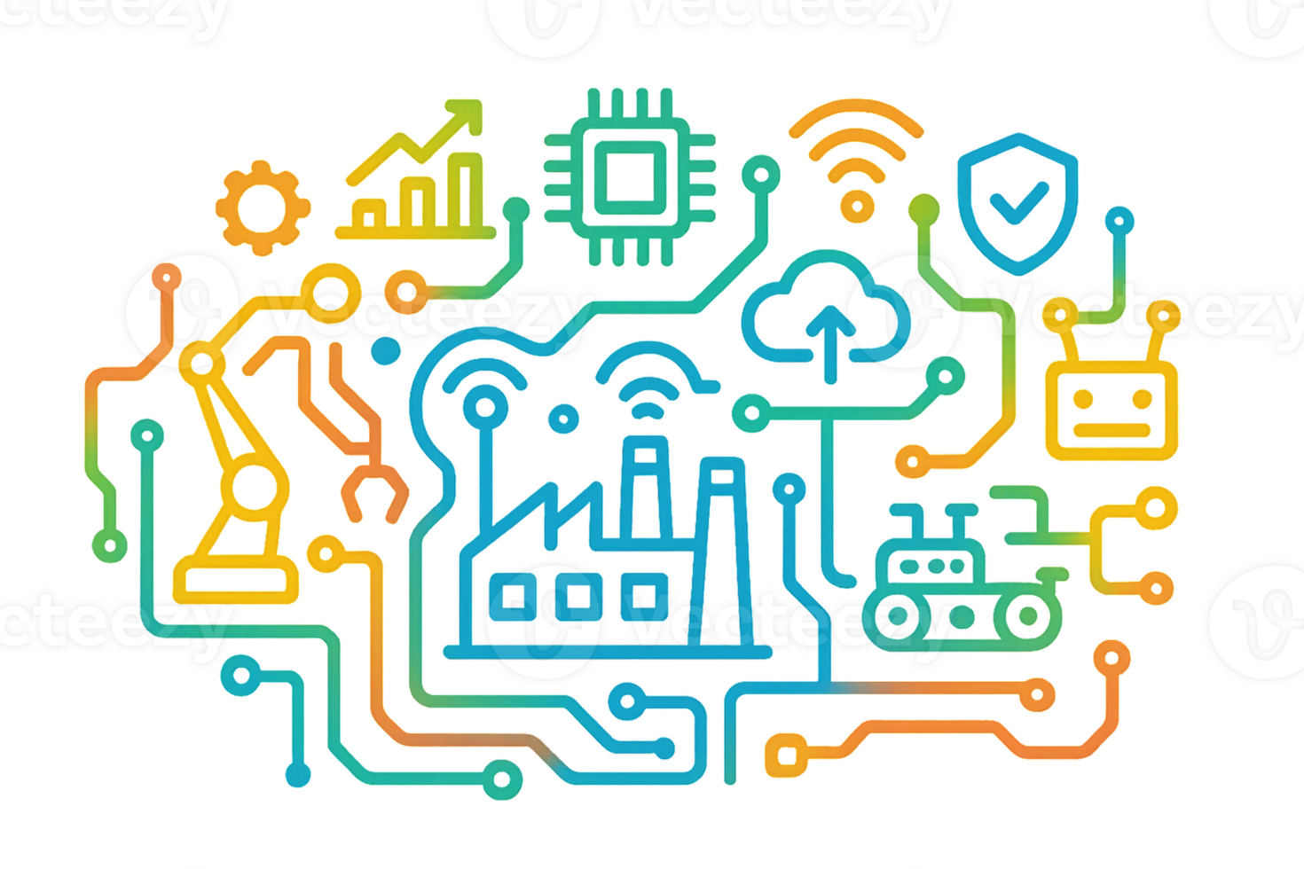 Colorful Tech Icon Composition with Circuit Lines and Modern Symbols png