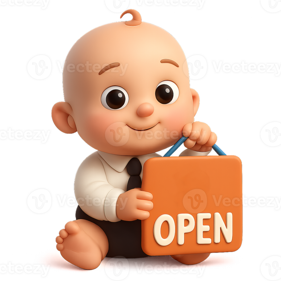 Cute Baby Holding Open Sign in a Playful Shop Environment png