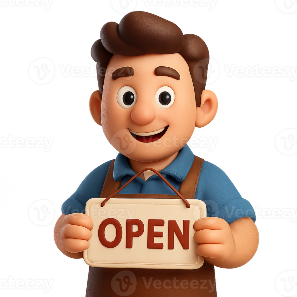 Friendly Business Owner Holding Open Sign in Bright Setting png