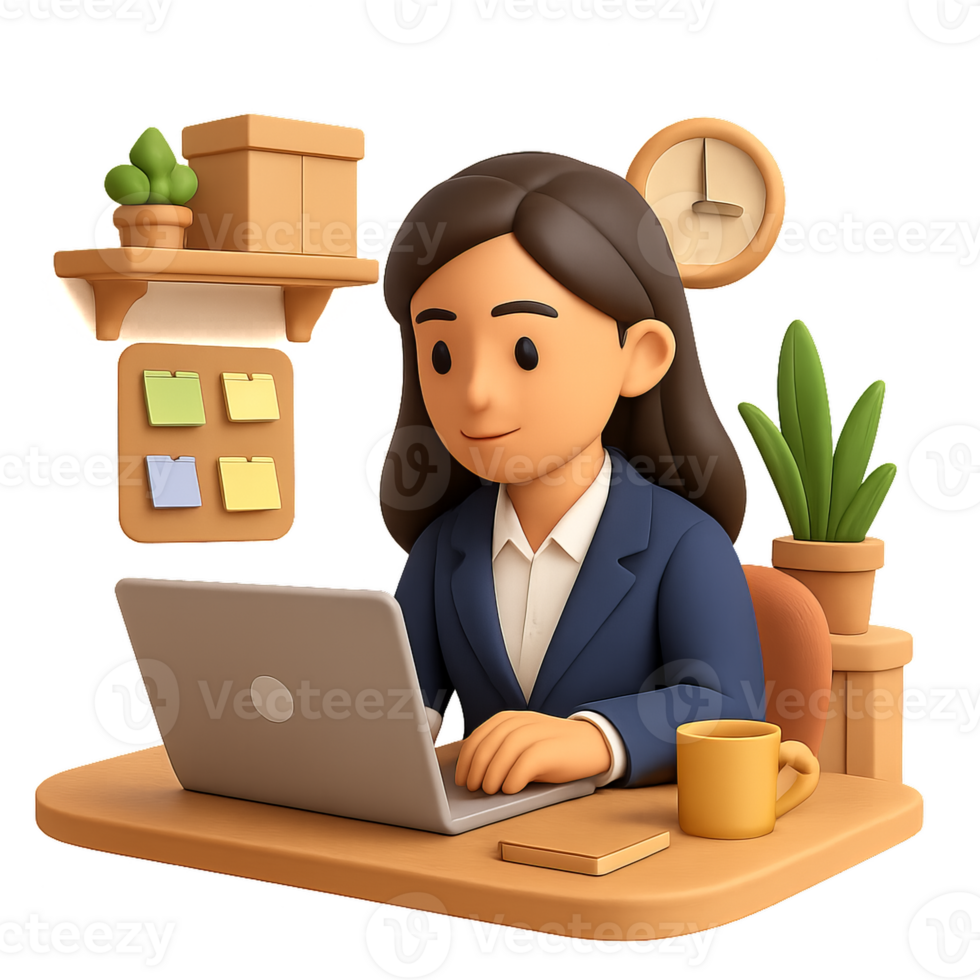 3D Businesswoman in Modern Workspace Using Laptop for Simple Tasks png
