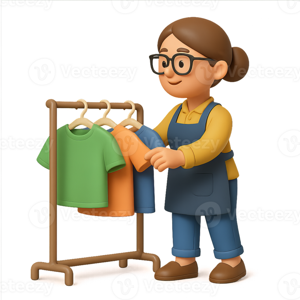 Cheerful Shopkeeper Arranging Clothes on a Display Rack png