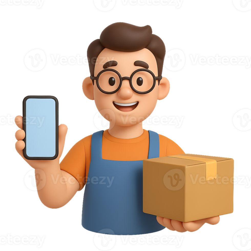 3D Seller with Package and Phone in a Simple Composition png