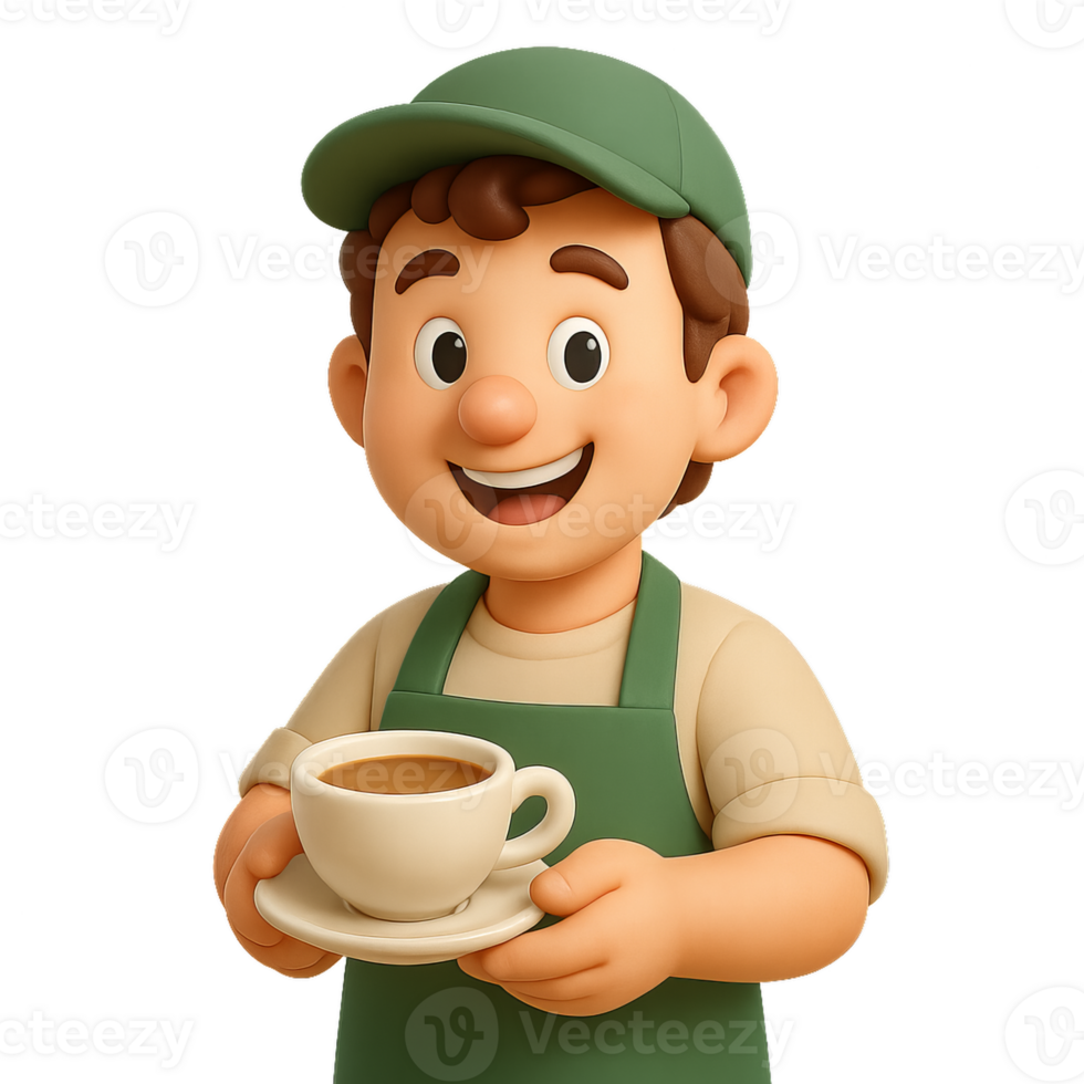 Cheerful Barista Holding Coffee in a Simple Cafeteria Setting png